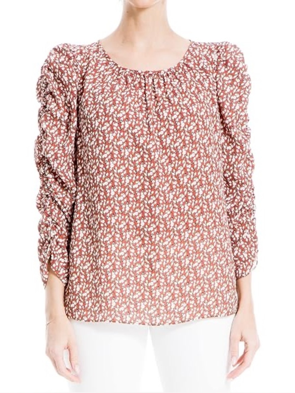 Max Studio Floral Ruched Ruffle Sleeve Top